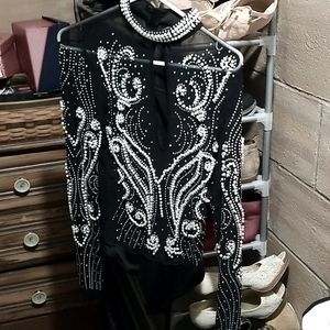 Mesh long sleeve crystal and pearl body suite
